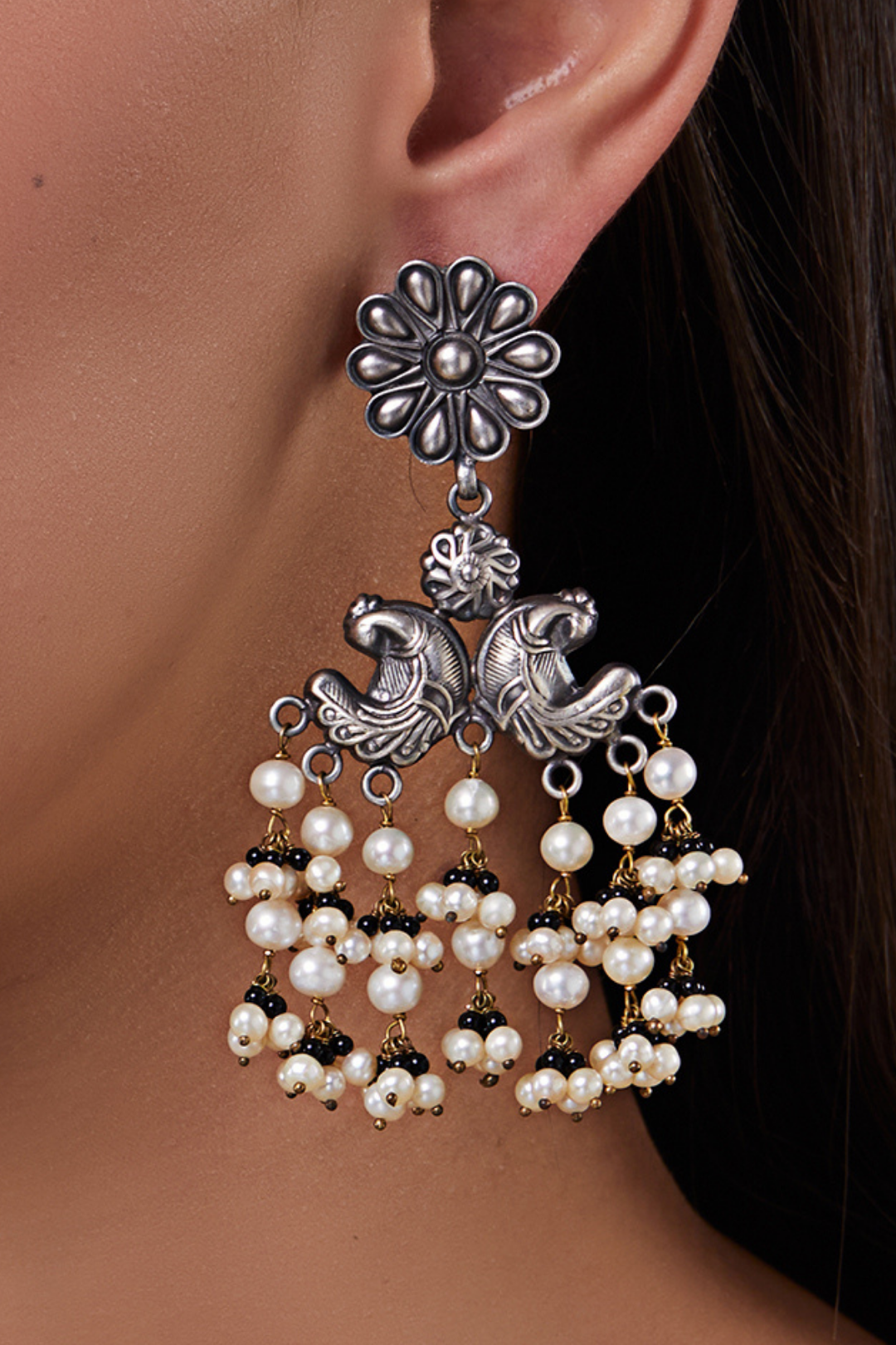 Pure Silver Floral Peacock Black Tourmaline Earrings