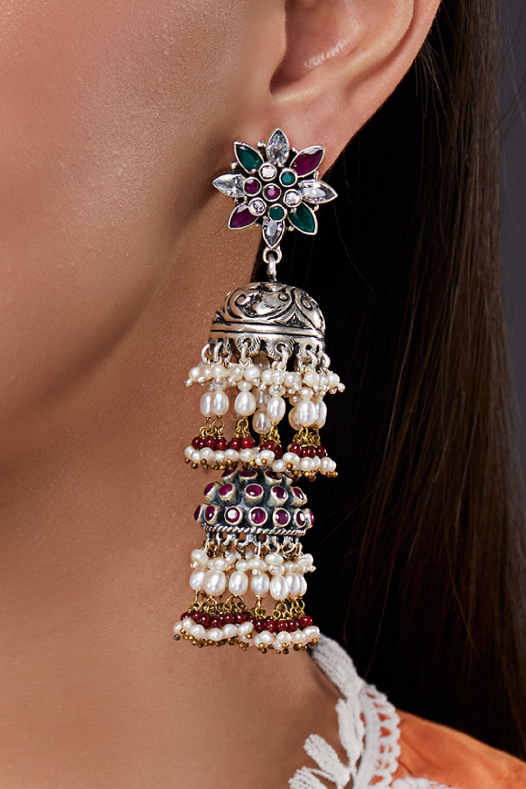 Pure Silver Lotus Double Jhumkas