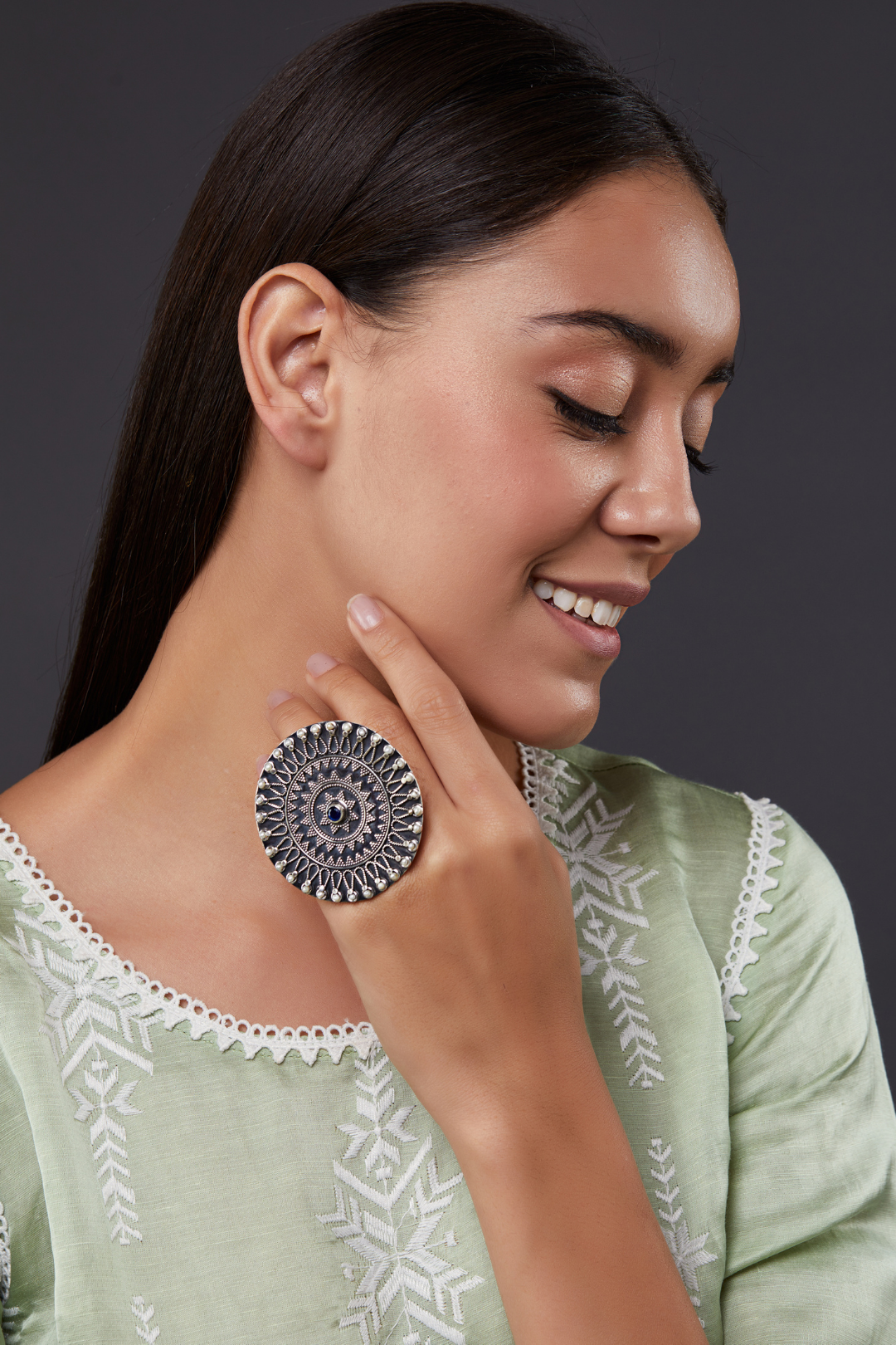 Pure Silver Mandala Black Tourmaline Ring