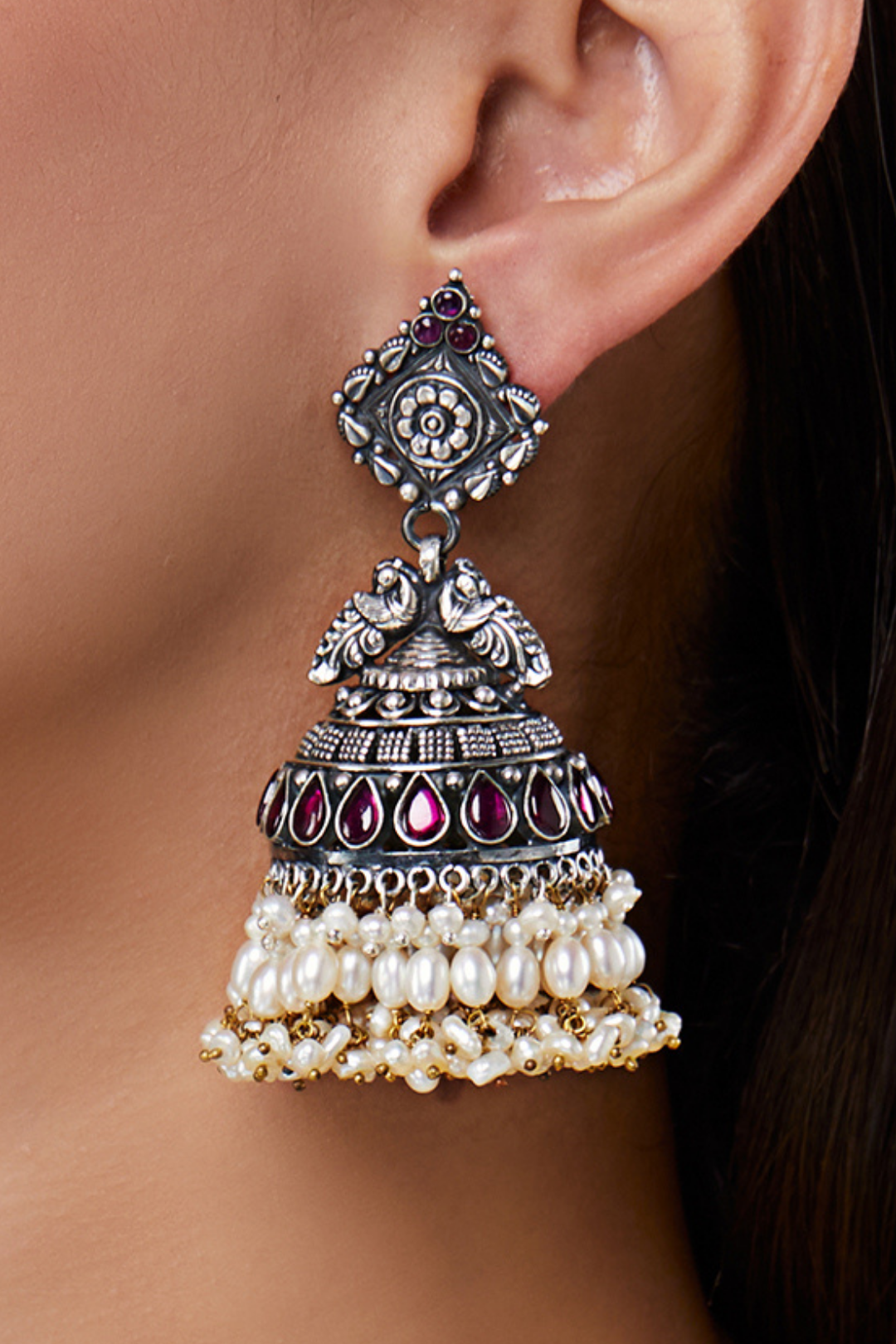 Pure Silver Trikone Swan Jhumkas