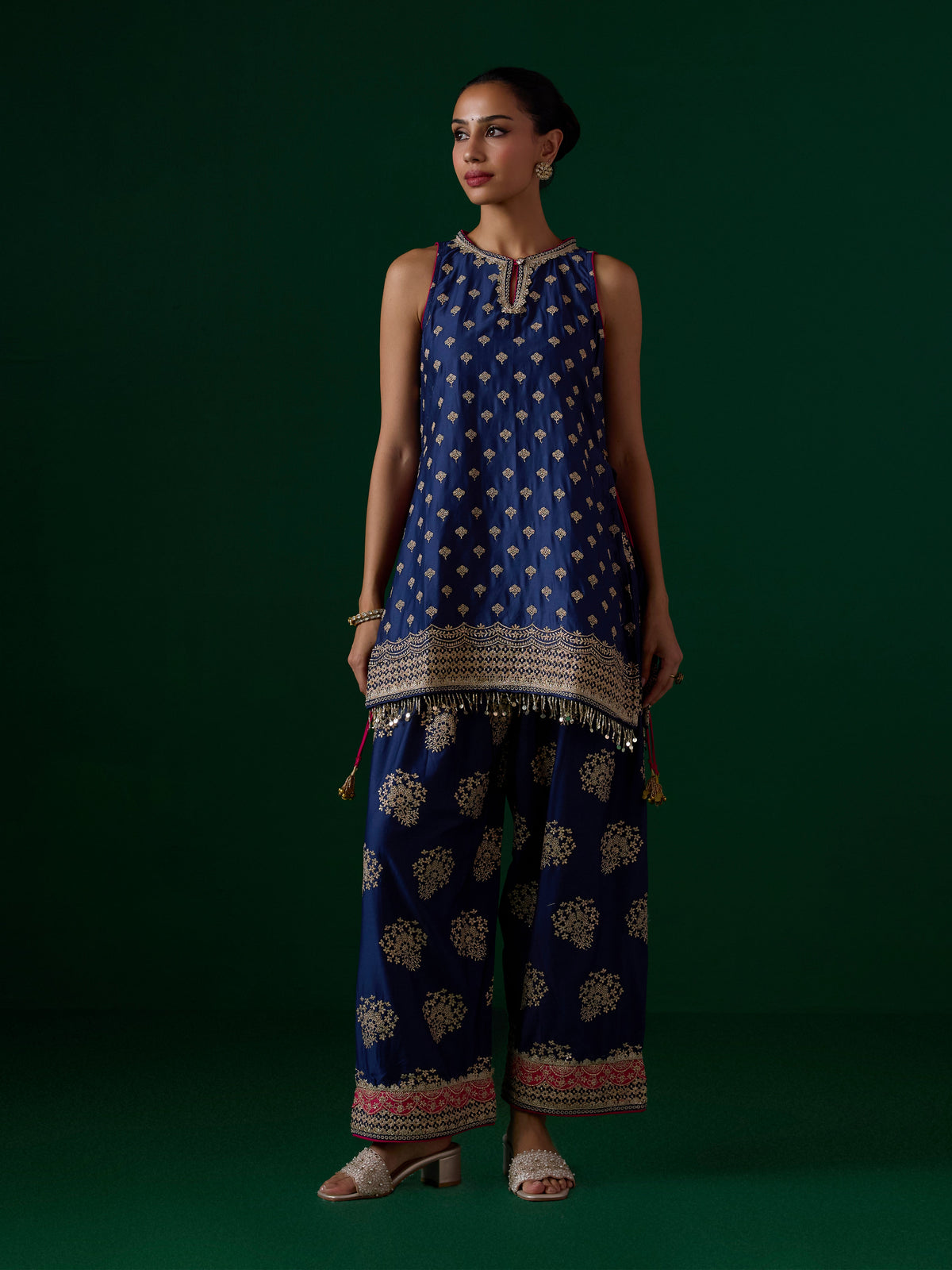 Sugandh Pima Satin Blue Kurta With Farshi Salwar