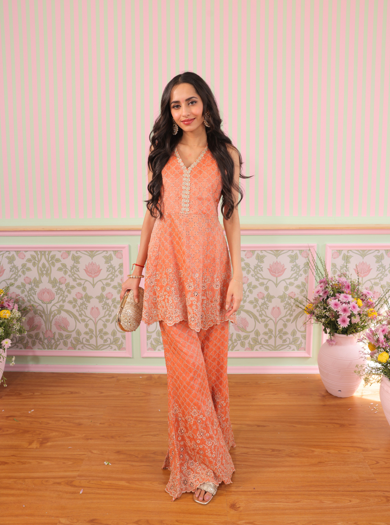 Mulmul Royal Tissue Araj Burnt Orange Top With Mulmul Royal Tissue Araj Burnt Orange Pant