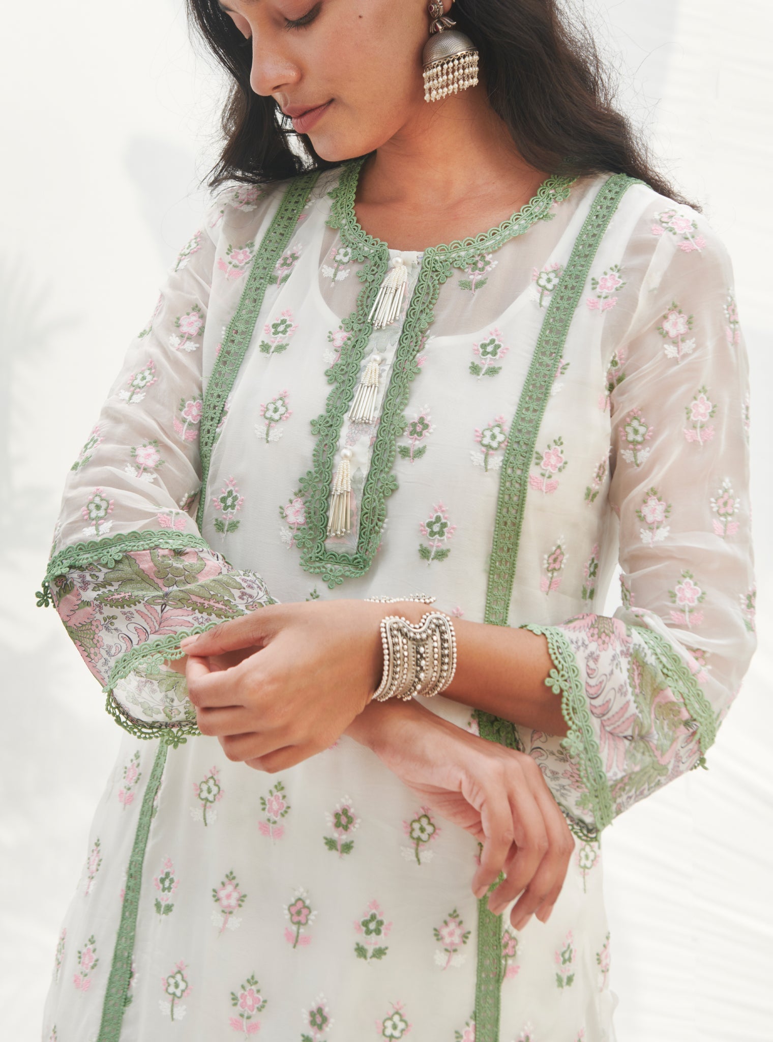 Mulmul Organza Terra Green Kurta