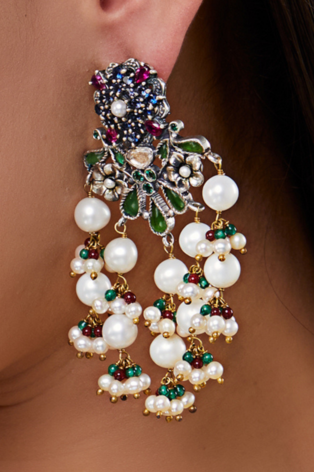 Pure Silver Tri Colour Stone Danglers