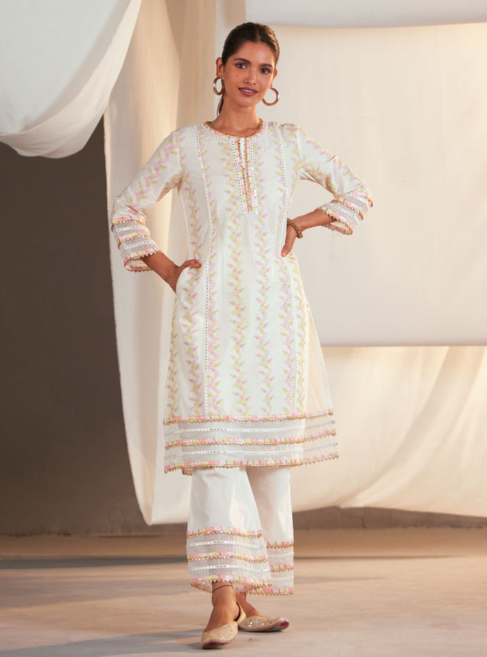 Mulmul Supima Cotton Tiana Off White/Lilac Kurta