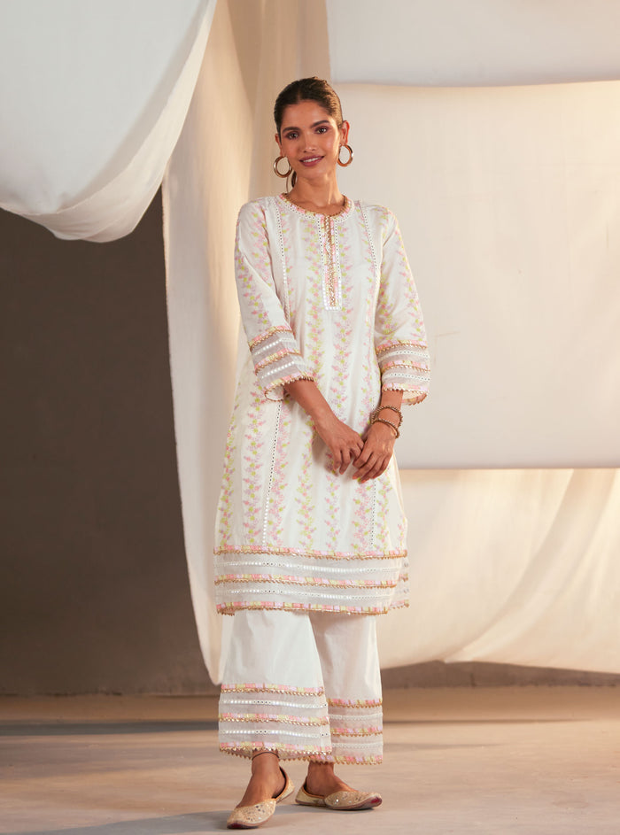 Mulmul Supima Cotton Tiana Off White/Lilac Kurta