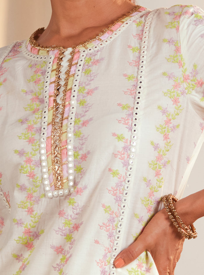 Mulmul Supima Cotton Tiana Off White/Lilac Kurta