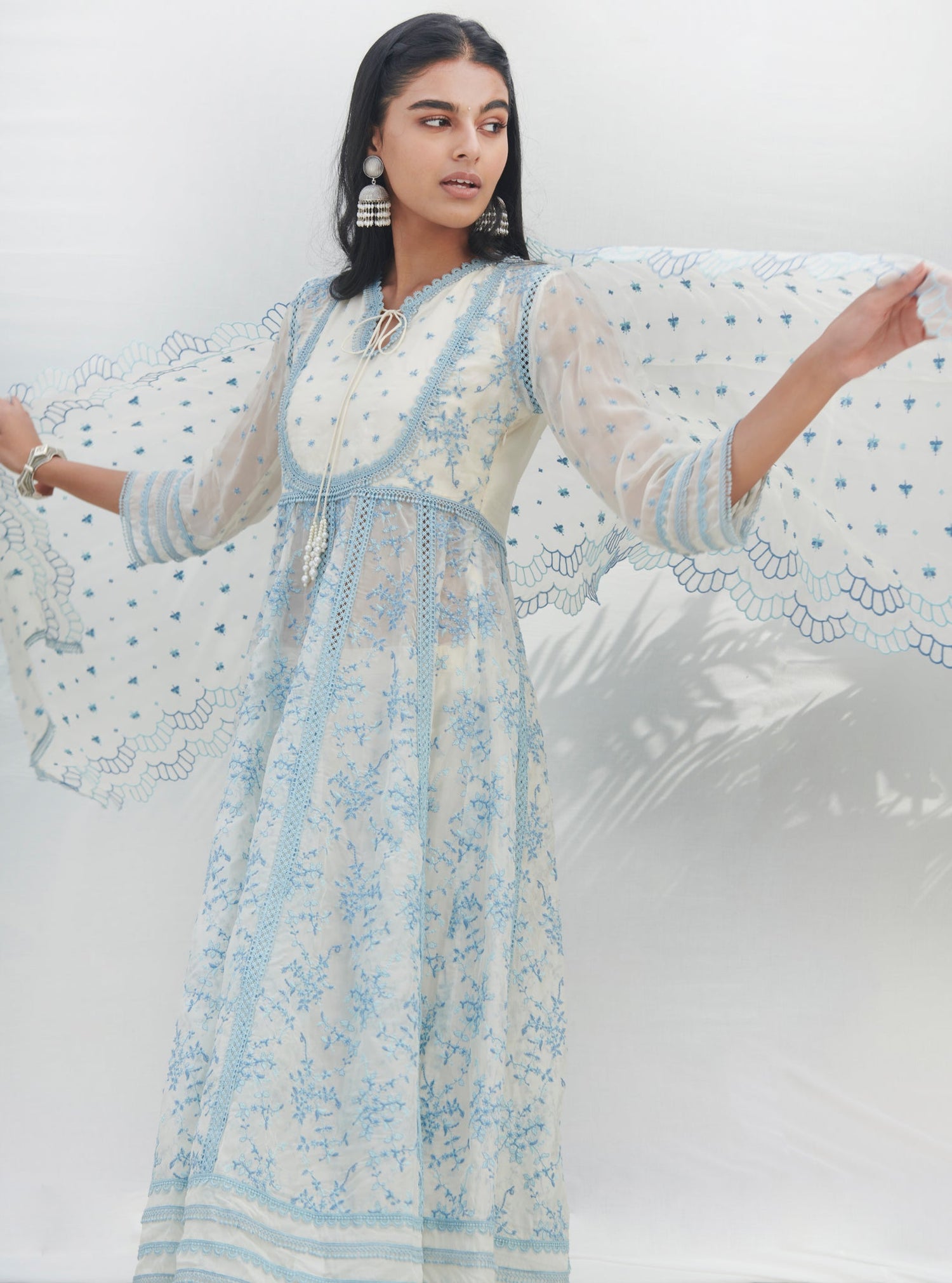 Mulmul Organza Printed Wales White Dupatta