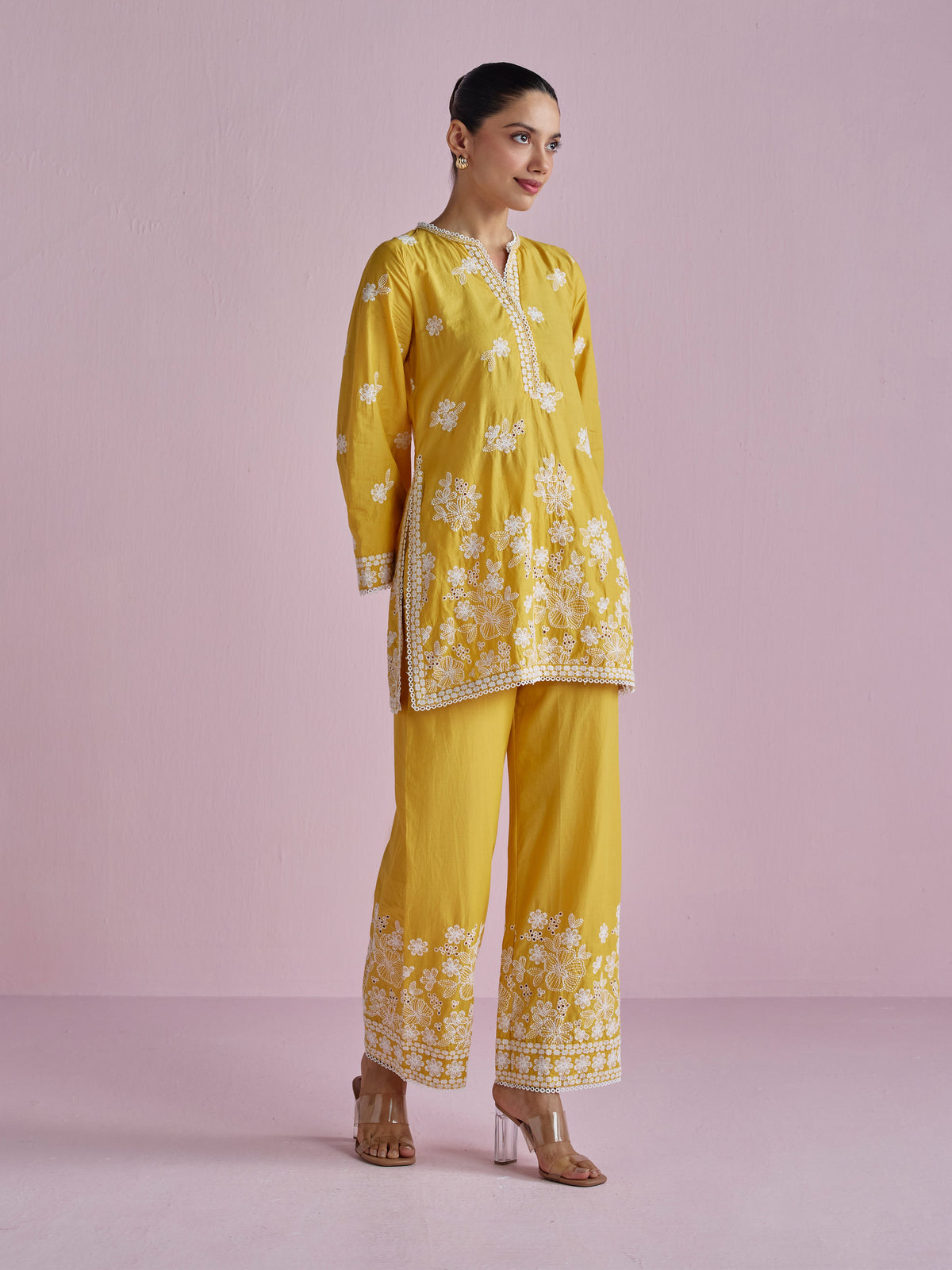 Kalani Supima Cotton Yellow With White Emb Co-ord Set
