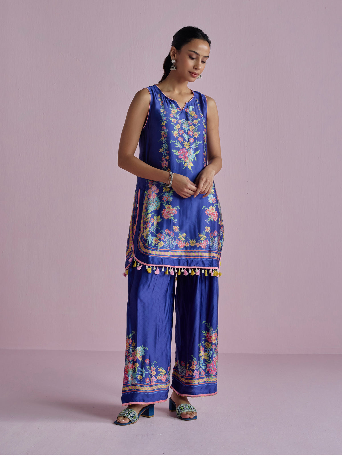 Zivae Cupro Satin Printed Navy Kurta Set
