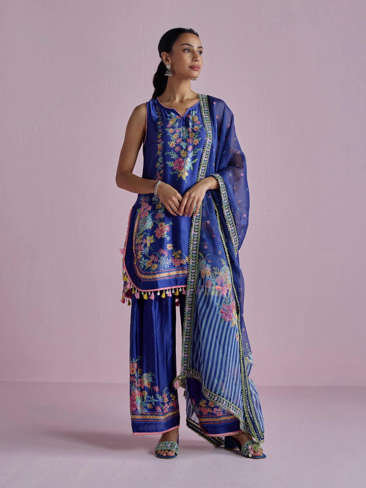 Zivae Cupro Satin Printed Navy Kurta Set