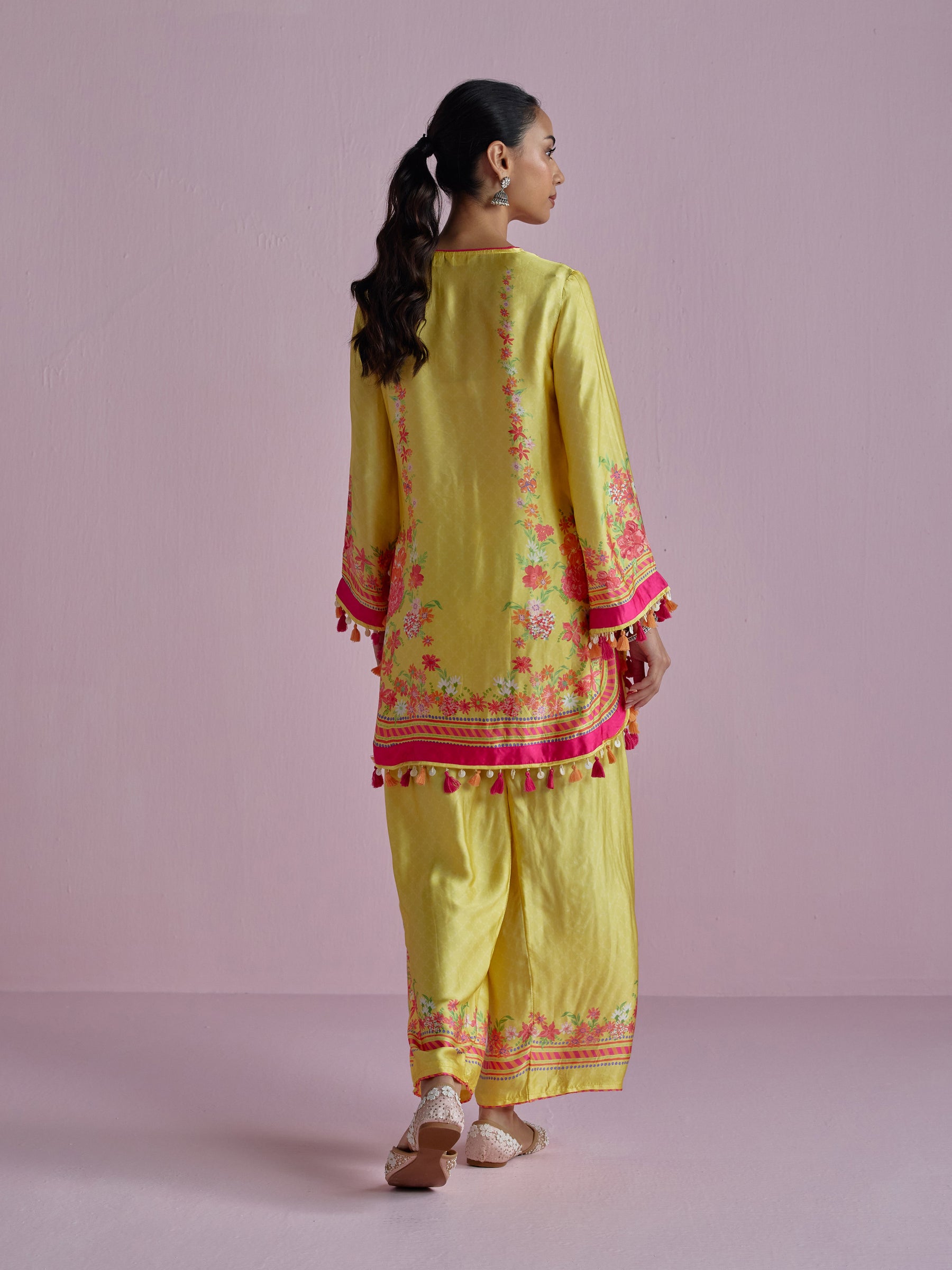 Zivae Cupro Satin Printed Yellow Kurta Set