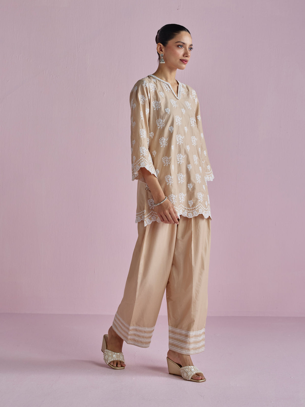 Aviya Supima Cotton Beige Kurta With Farshi Salwar