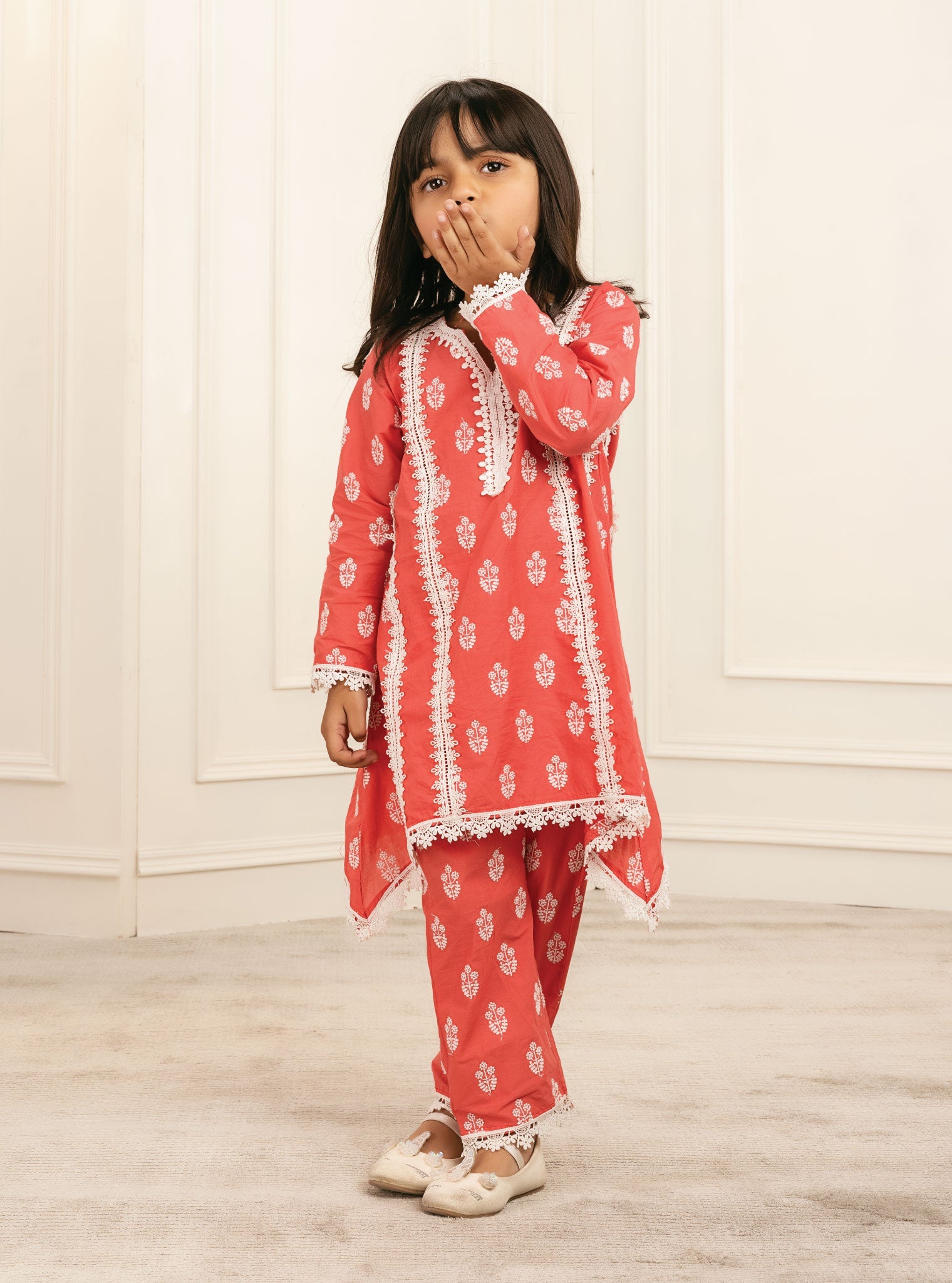 Mulmul Cotton Amaris Red Kurta With Amaris Red Pant