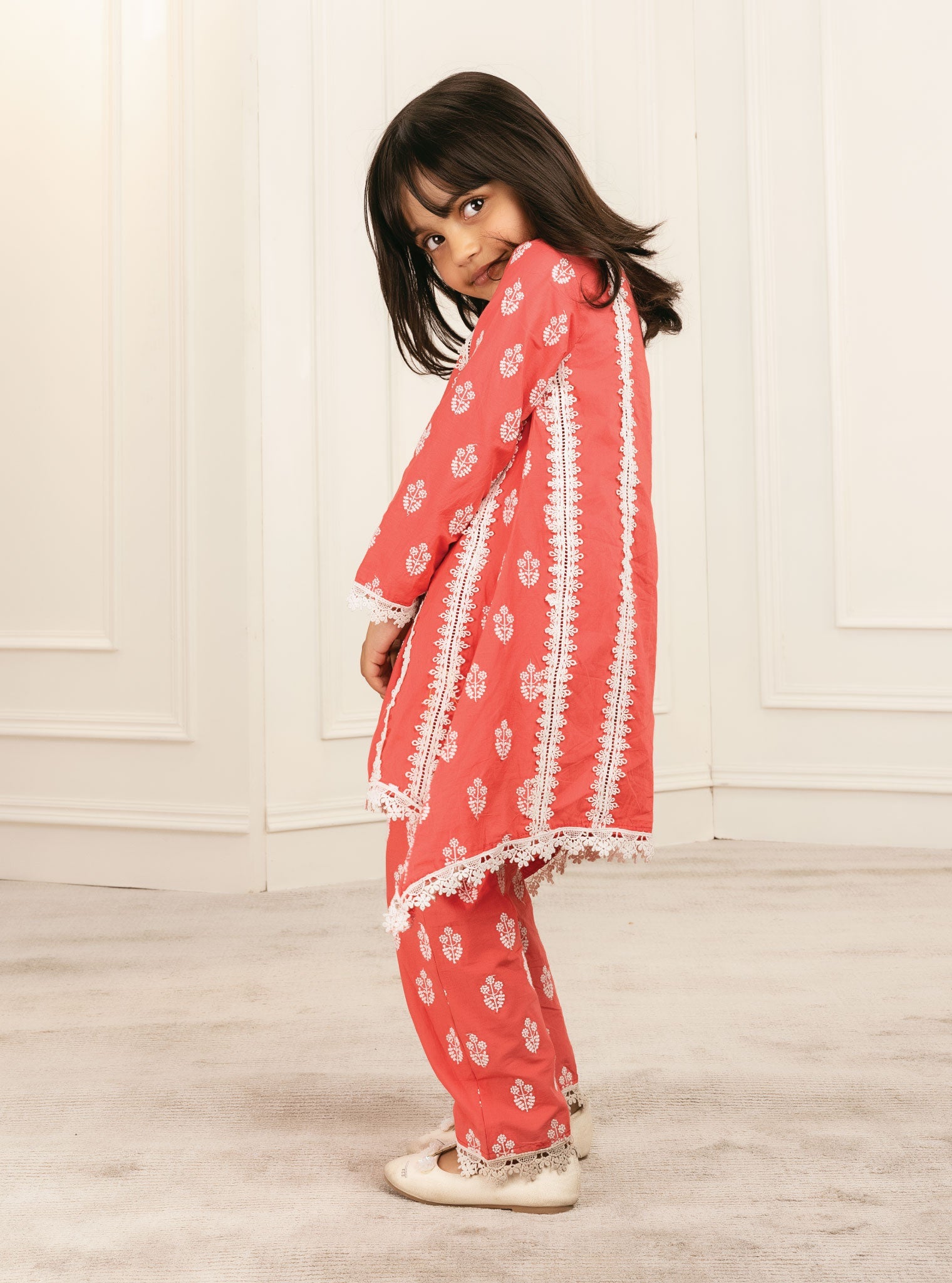 Mulmul Cotton Amaris Red Kurta With Amaris Red Pant