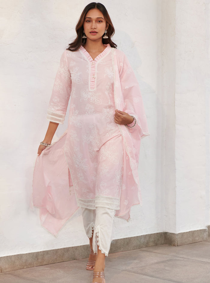 Mulmul Supima Cotton Verlem pink kurta