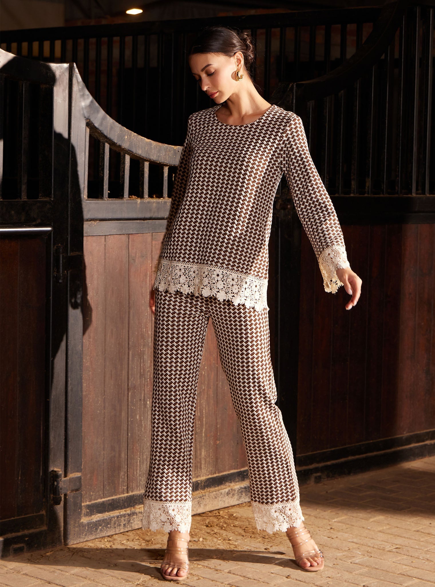 Hestia Houndstooth Brown Top
