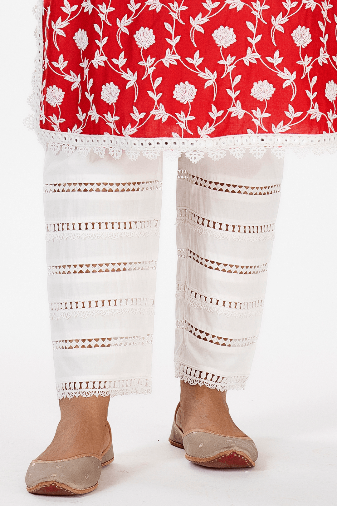 Mulmul Supima Cotton Ladder Lace White Pyajama