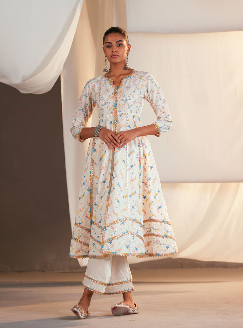 Mulmul Supima Cotton Ayla Anarkali Off White Kurta