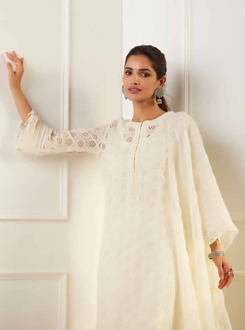 Mulmul Organza Charlotte Off White Kurta