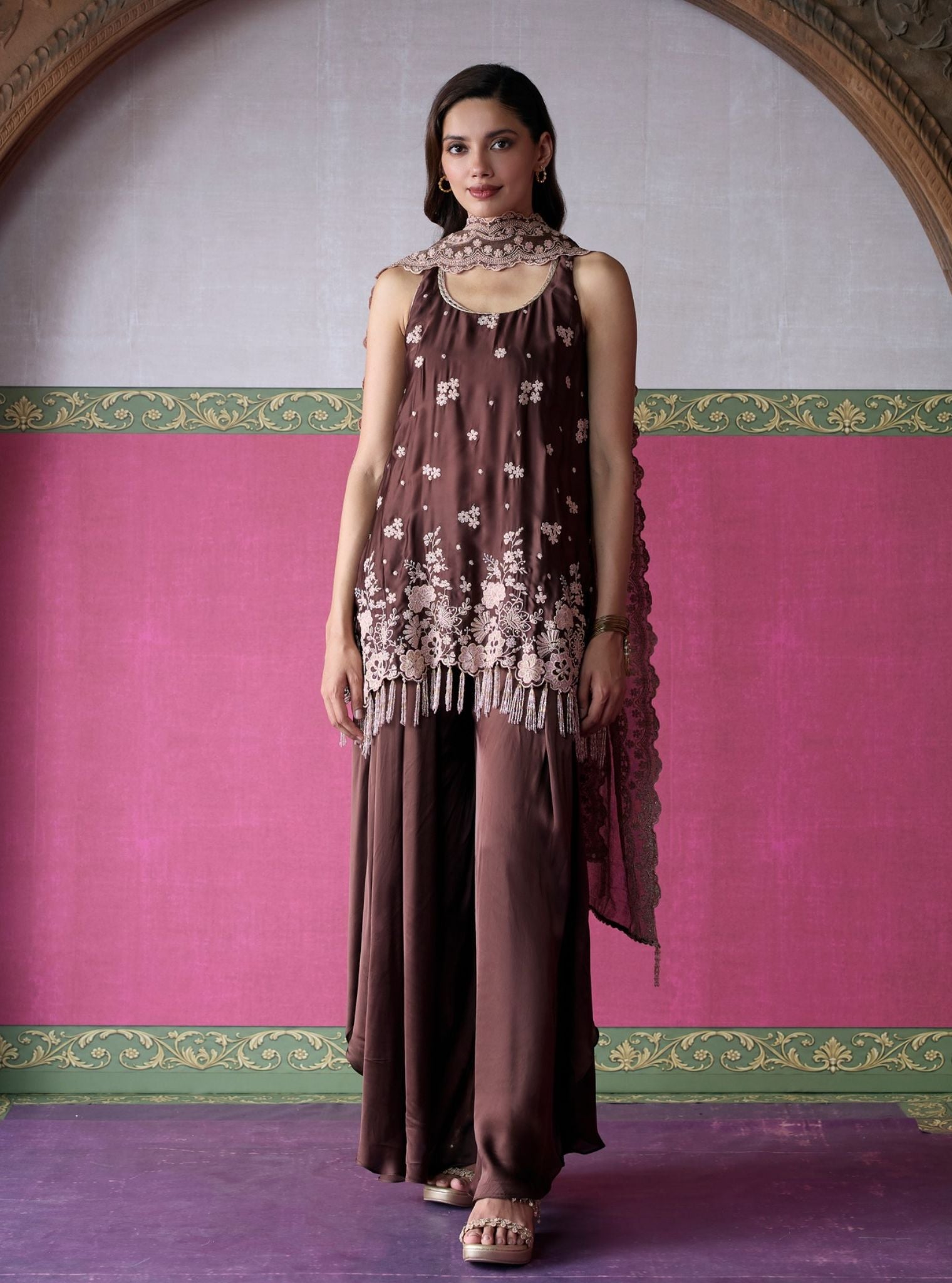 Nemi Cupro Satin Brown Short Kurta with Draped Pants