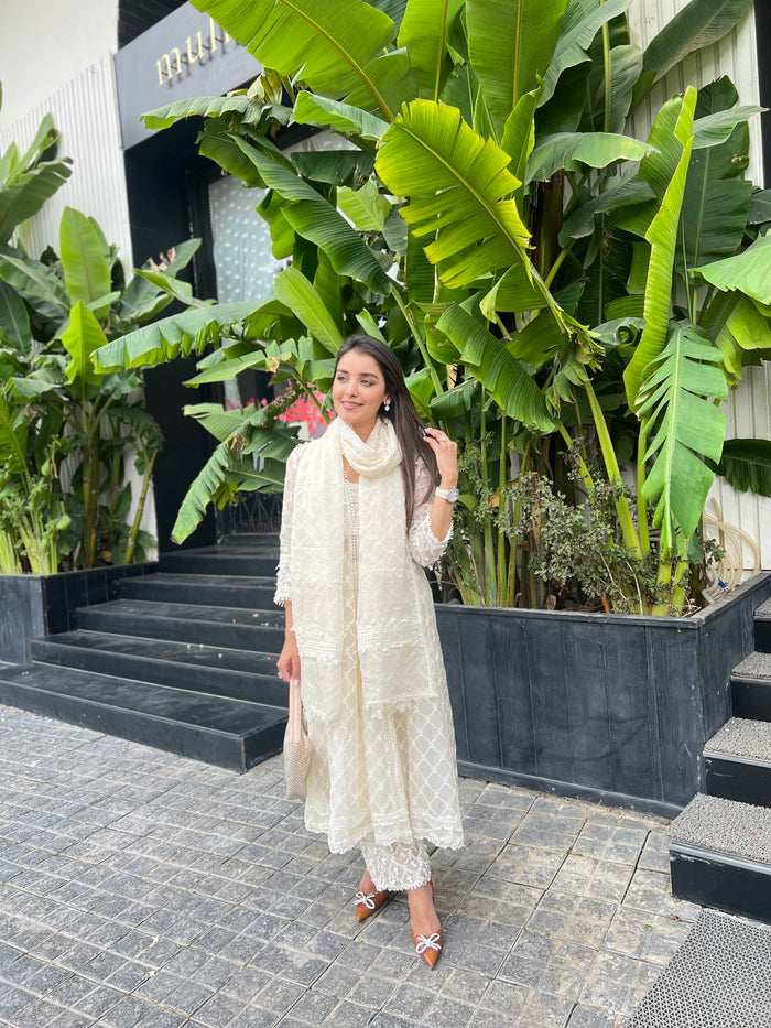 Mulmul Organza Anarkali Dori White Kurta