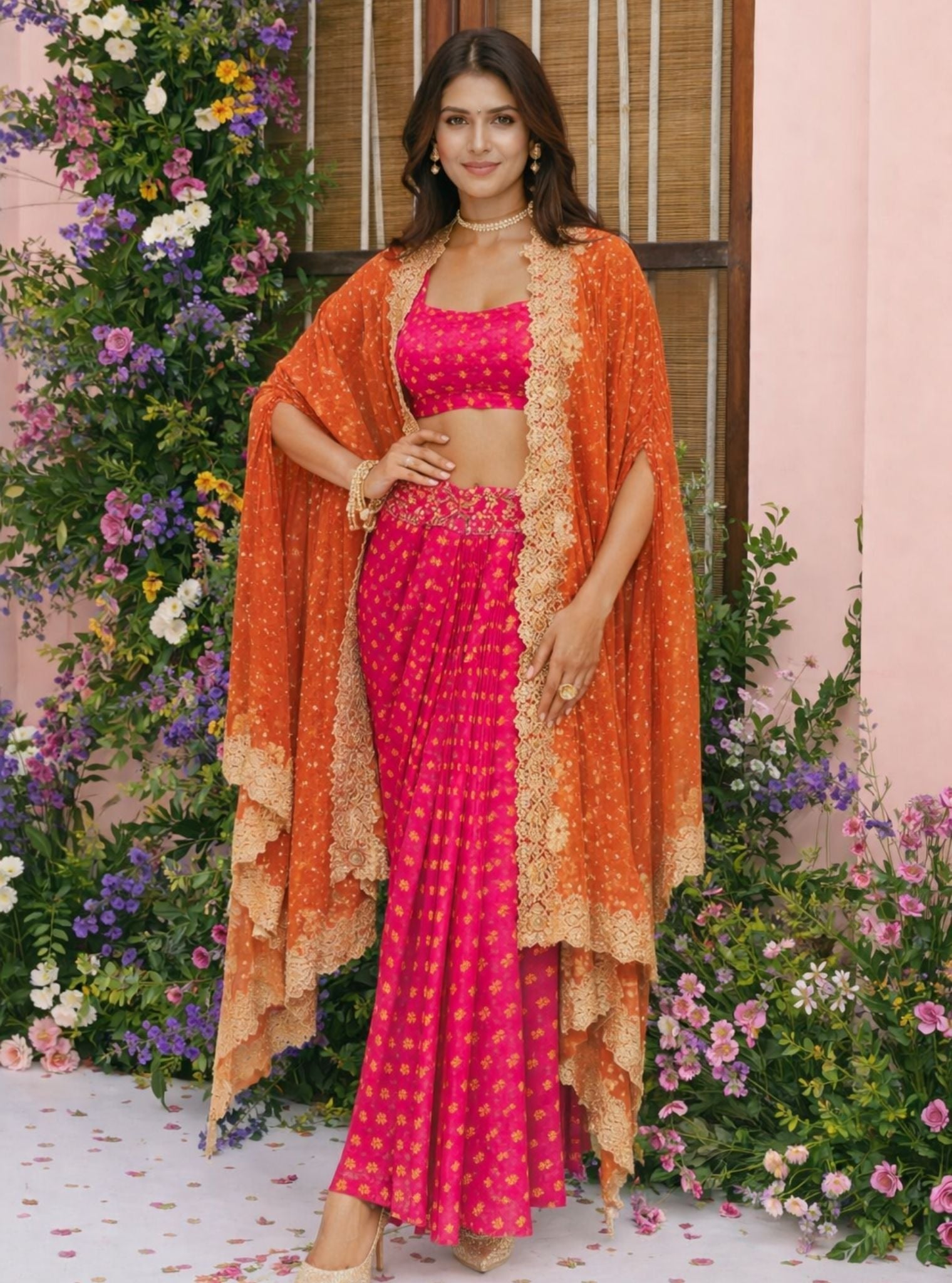 Mali Glass Organza Fuchsia Skirt Set With Cape