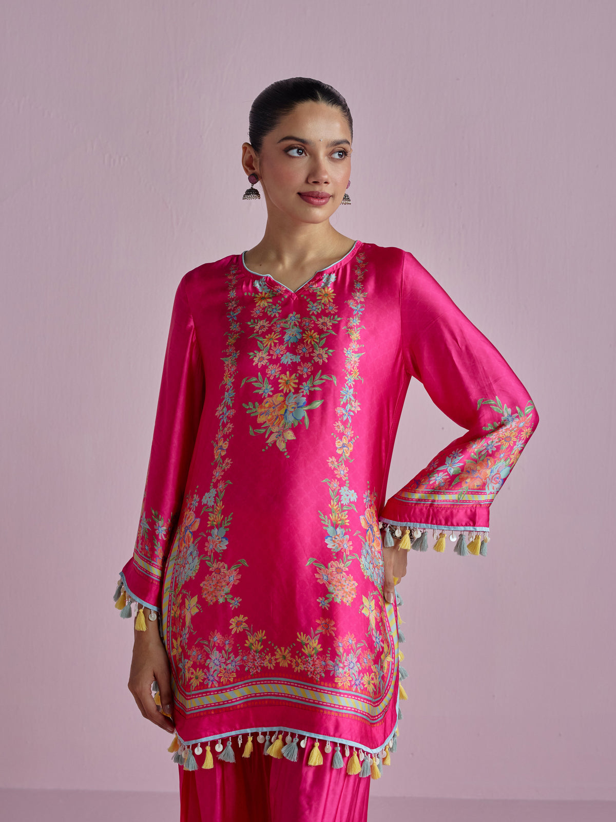 Zivae Cupro Satin Printed Fuchsia Kurta Set