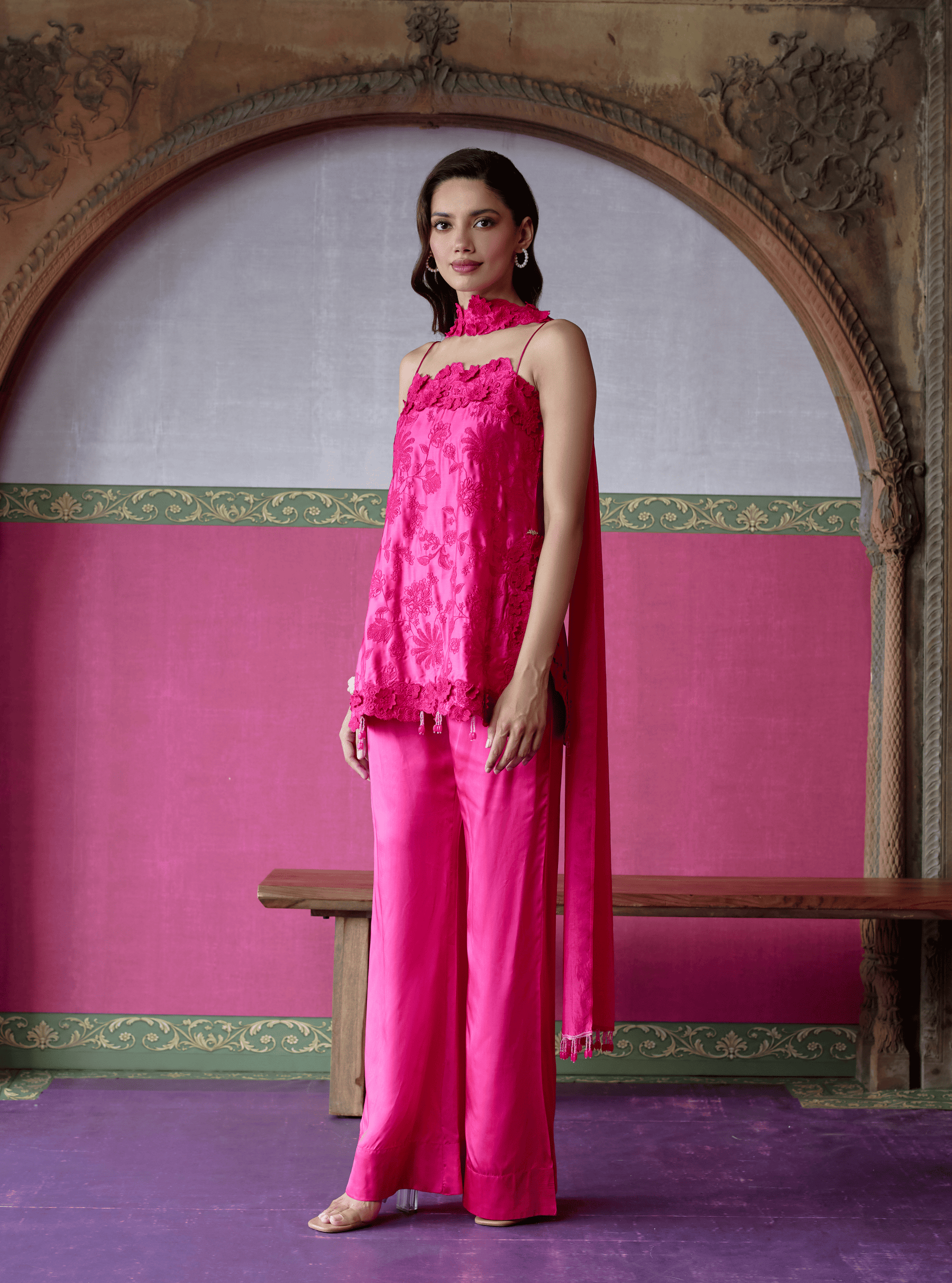 Jheel Cupro Satin Fuchsia Short Kurta Set