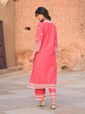 Mulmul Cotton Swan Red Kurta With Swan Red Pant