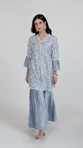 Mulmul Cupro Silk Cairo Blue Kurta With Cairo Blue Garara