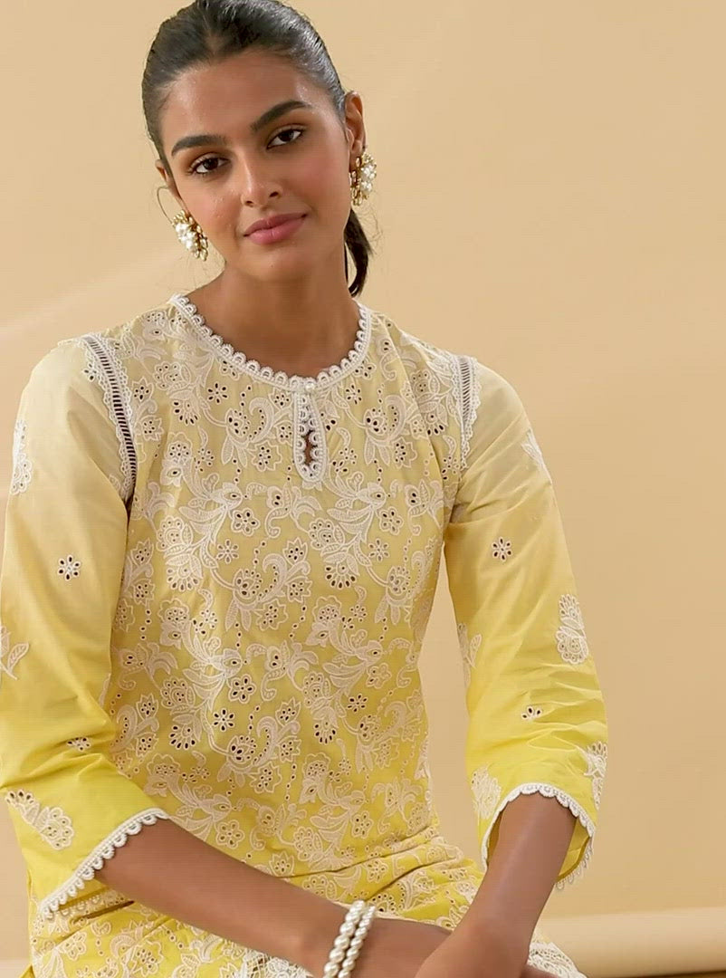 Mulmul Cotton Tista Yellow Kurta With Tista Yellow Palazzo