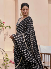 Mulmul Crepe Brahmi Pre-Stitched Black Saree