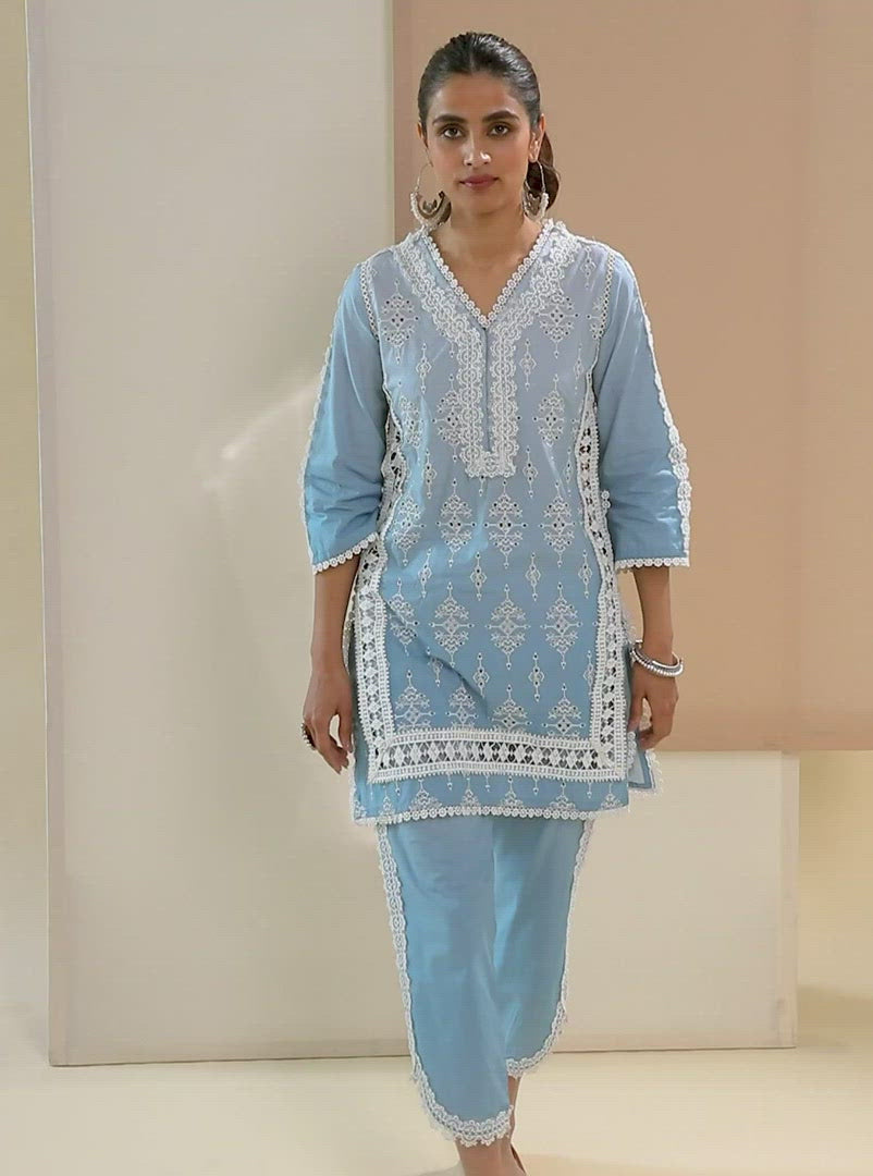 Mulmul Cotton Suria Blue Kurta With Suria Blue Pant