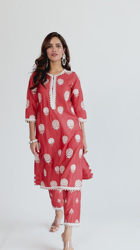 Mulmul Supima satin Amira Red Kurta With Amira Red Pant