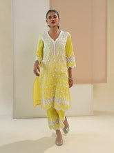 Mulmul Cotton Purna Yellow Kurta With Purna Yellow Palazzo