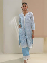 Mulmul Cotton Venna Blue Kurta With Venna Blue Pant