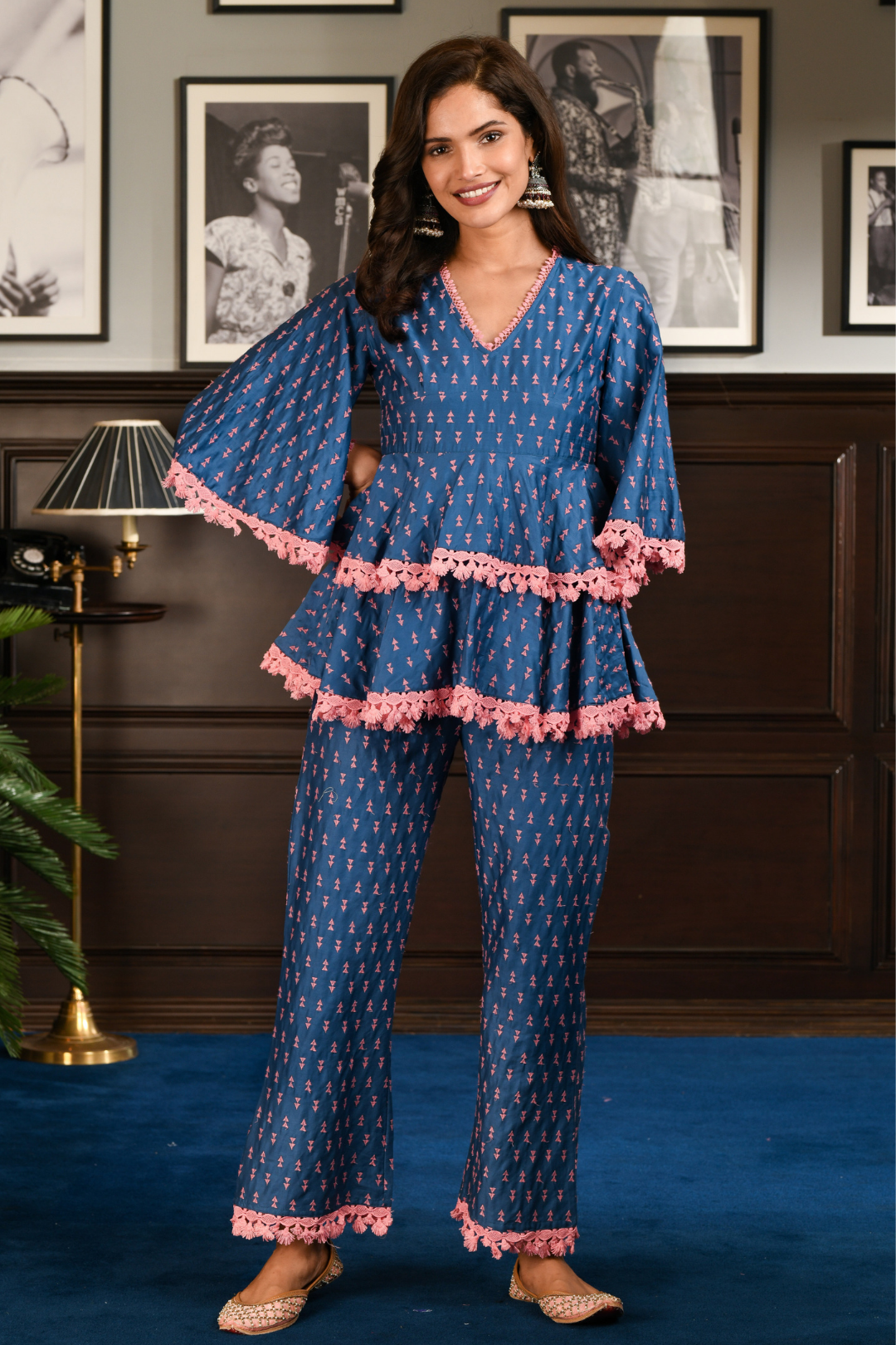 Mulmul Pima Satin Ancle Blue Kurta With Ancle Blue Pant