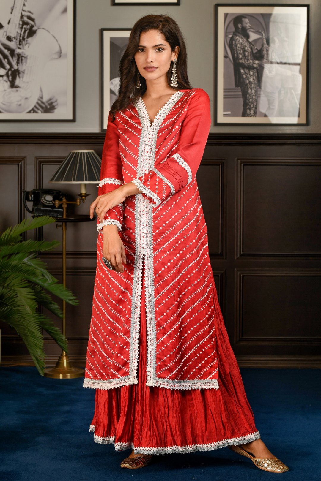 Mulmul Japanese Silk Blythe Red Kurta With Blythe Red Pyajama