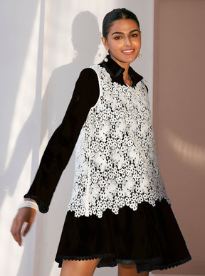Mulmul Cotton Celina Black Dress with White Guipure Layer
