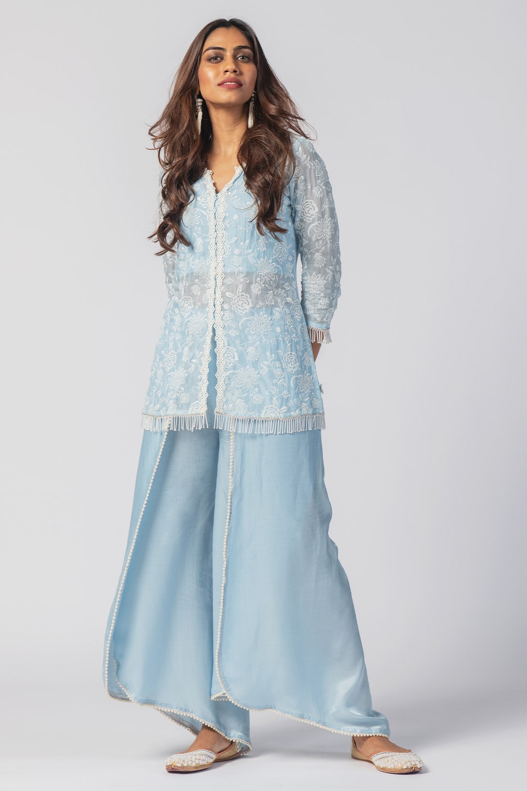 Mulmul Tencel Luxe Organza Claire Blue Kurta With Cupro Claire Dhoti Blue Pant