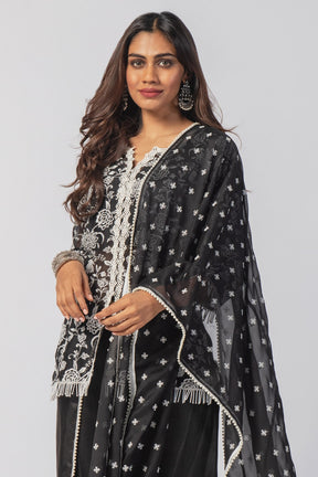 Mulmul Tencel Luxe Organza Claire Black Kurta With Cupro Claire Dhoti Black Pant