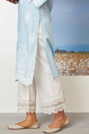 Mulmul Cotton Dreamscape Light Blue Kurta With Two Lace White Palazzo