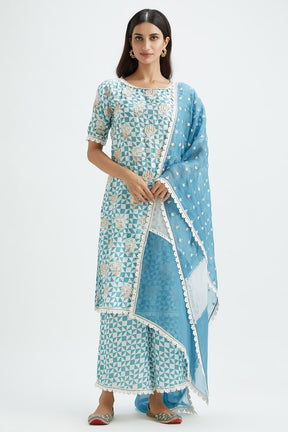 Mulmul Cupro Silk Dover Teal Kurta With Dover Teal Pant