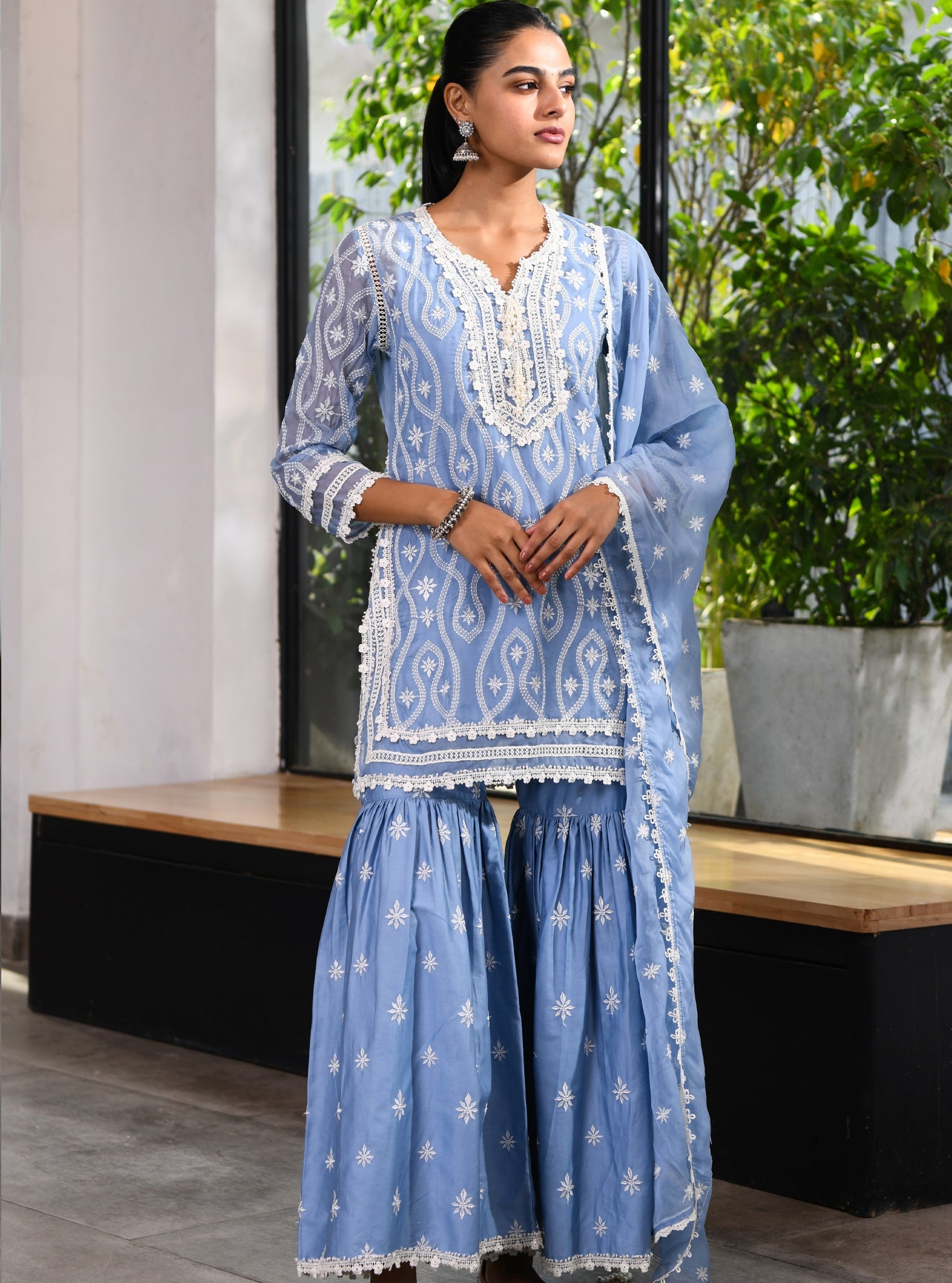 Mulmul Organza Faeleen Blue Kurta With Mulmul Pima Faeleen Blue Garara