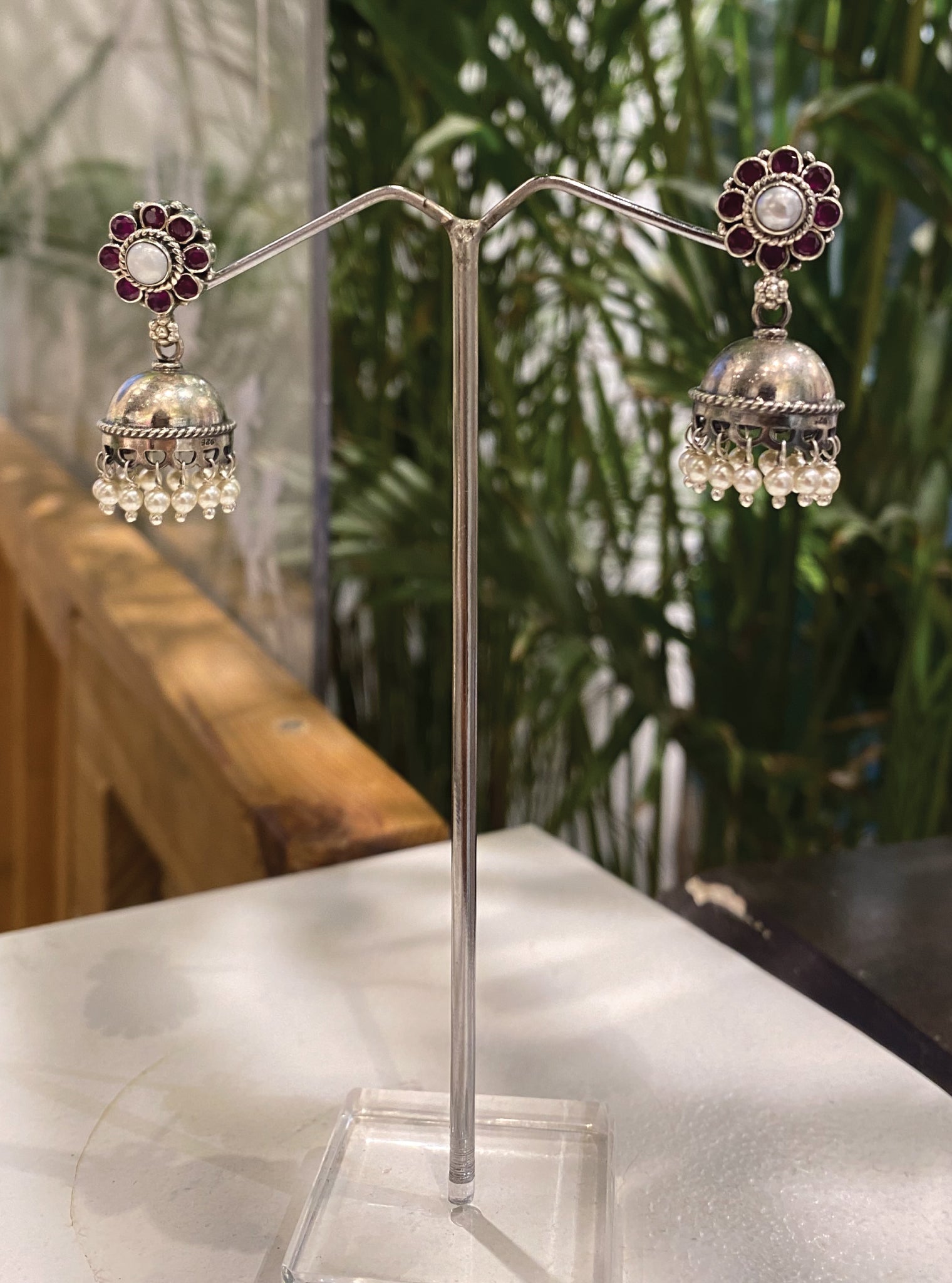 Floral Stone Antique Silver Jhumki Earrings