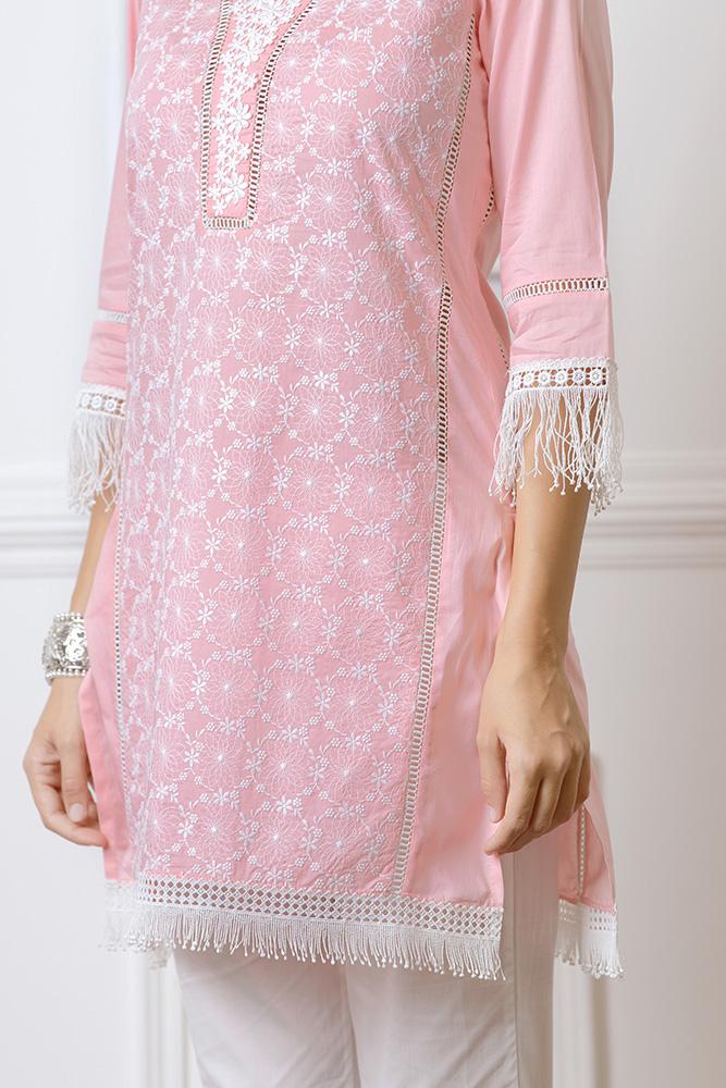 Mulmul Posey Pink Kurta With New Fringe pyajamas