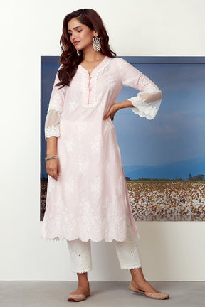 Mulmul Cotton Silver Comet Kurta With Emroidered Eyelet Pant