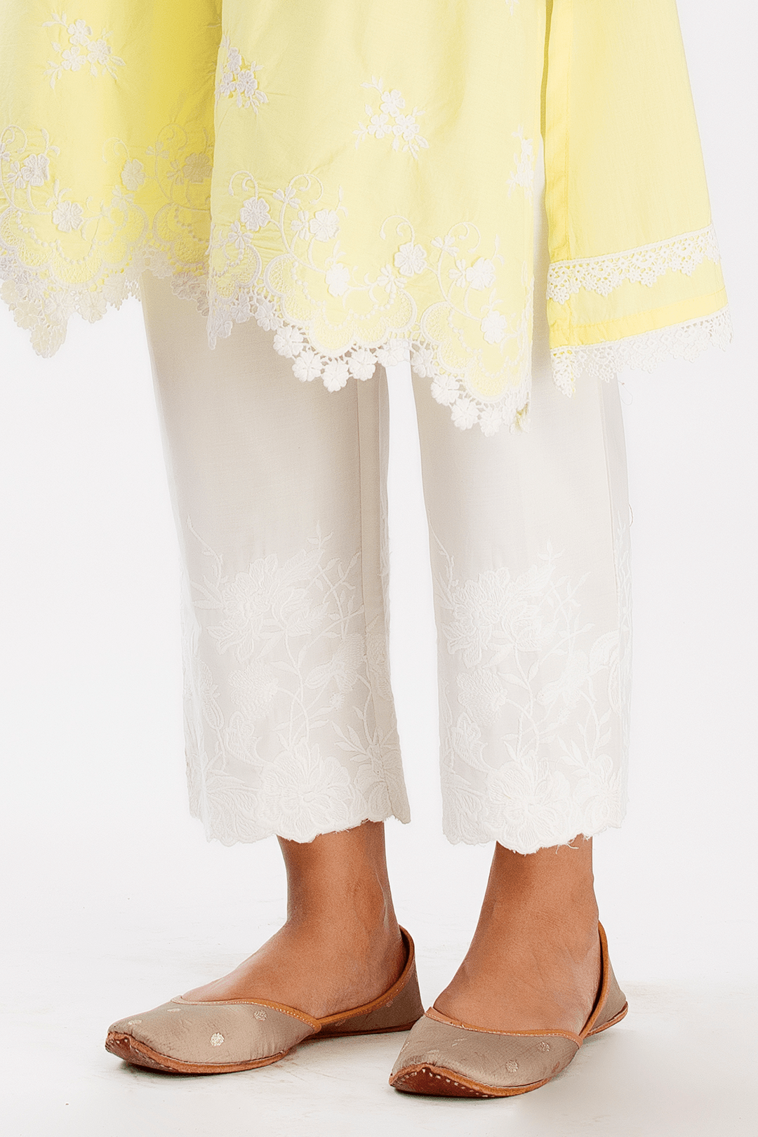 Mulmul Cotton Stella Yellow Kurta With Floral Embroidery White Pant