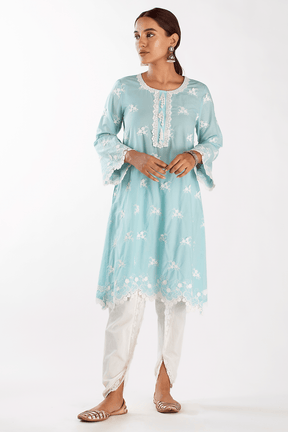 Mulmul Cotton Stella Turquoise Kurta With Net Dhoti White